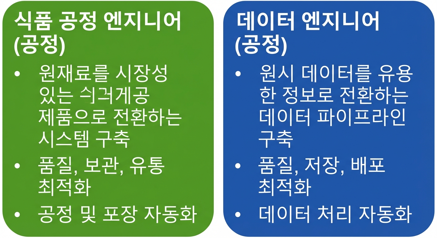 식품 공정 엔지니어와 데이터 엔지니어의 책임을 보여주는 이미지