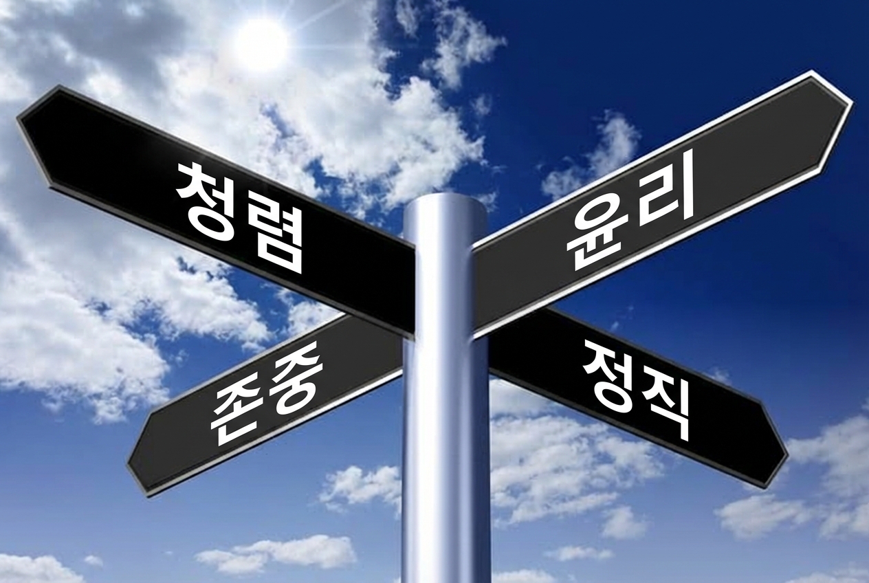 윤리, 정직, 존중, 무결성이라고 적힌 도로 표지판 네 개