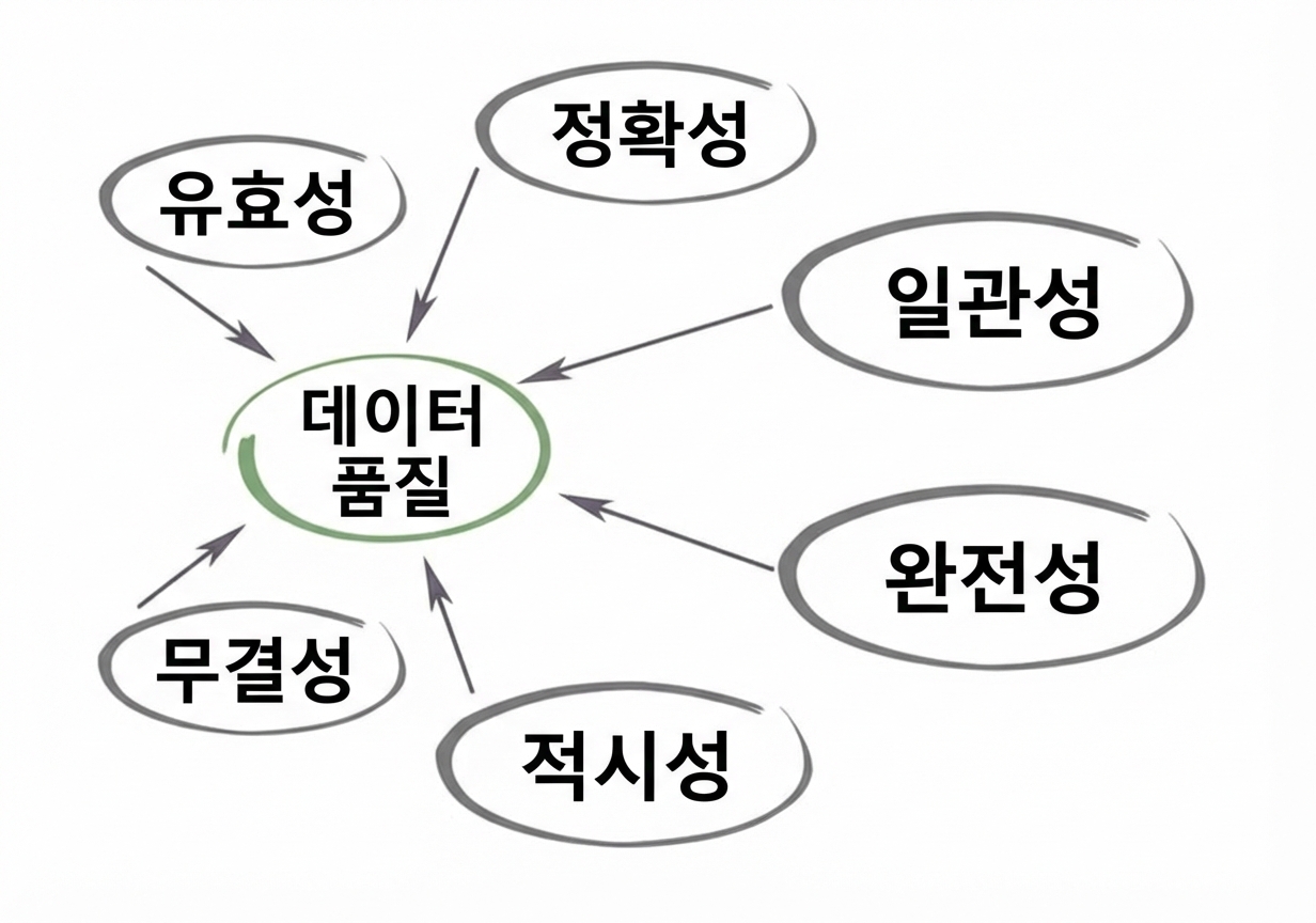 데이터 품질을 중심에 두고 유효성, 정확성, 일관성, 완전성, 적시성, 무결성이 화살표로 가리키는 다이어그램