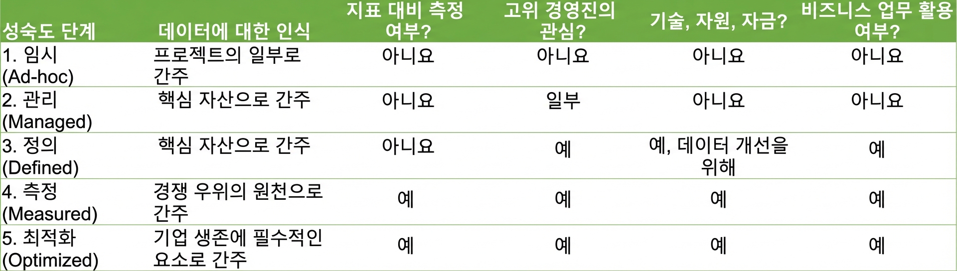 데이터 관리 성숙도의 단계 차트