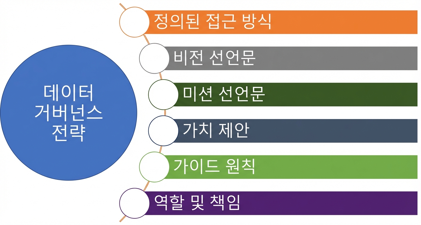 데이터 거버넌스 전략의 6가지 구성요소 다이어그램.