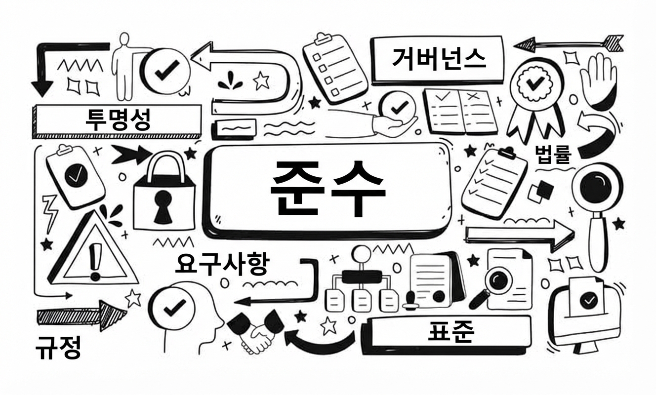 거버넌스, 요구사항, 규정 등 단어와 사물로 둘러싸인 ‘compliance’라는 단어 이미지