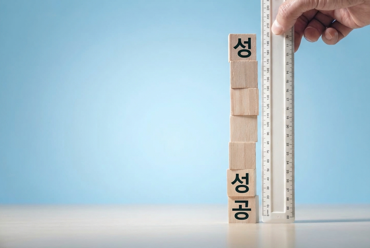 진행 상황 측정을 나타내기 위해 '성공'이라고 적힌 블록에 자를 대고 있는 이미지