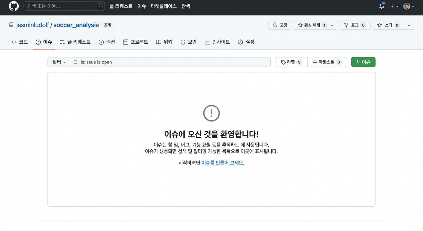 Issues 탭이 강조된 축구 분석 저장소 보기