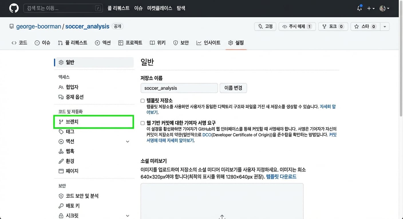 Settings 탭의 Branches 섹션