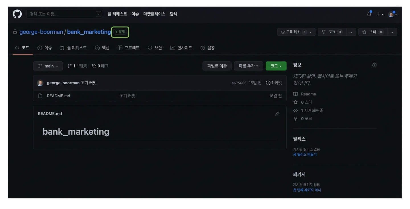 저장소 이름 옆에 '비공개'가 표시된 bank marketing 저장소