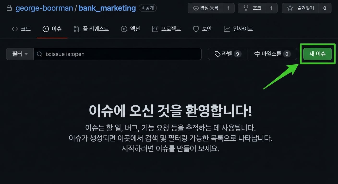 새 이슈 버튼이 강조된 이슈 페이지 화면