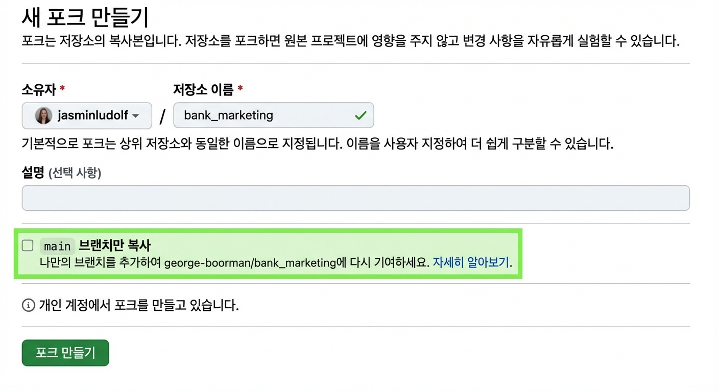 브랜치 섹션이 강조된 새 포크 만들기 페이지 화면