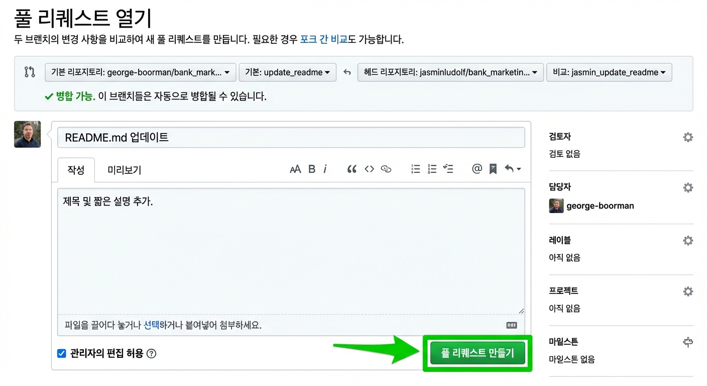 풀 리퀘스트 열기 화면에서 생성 버튼을 강조