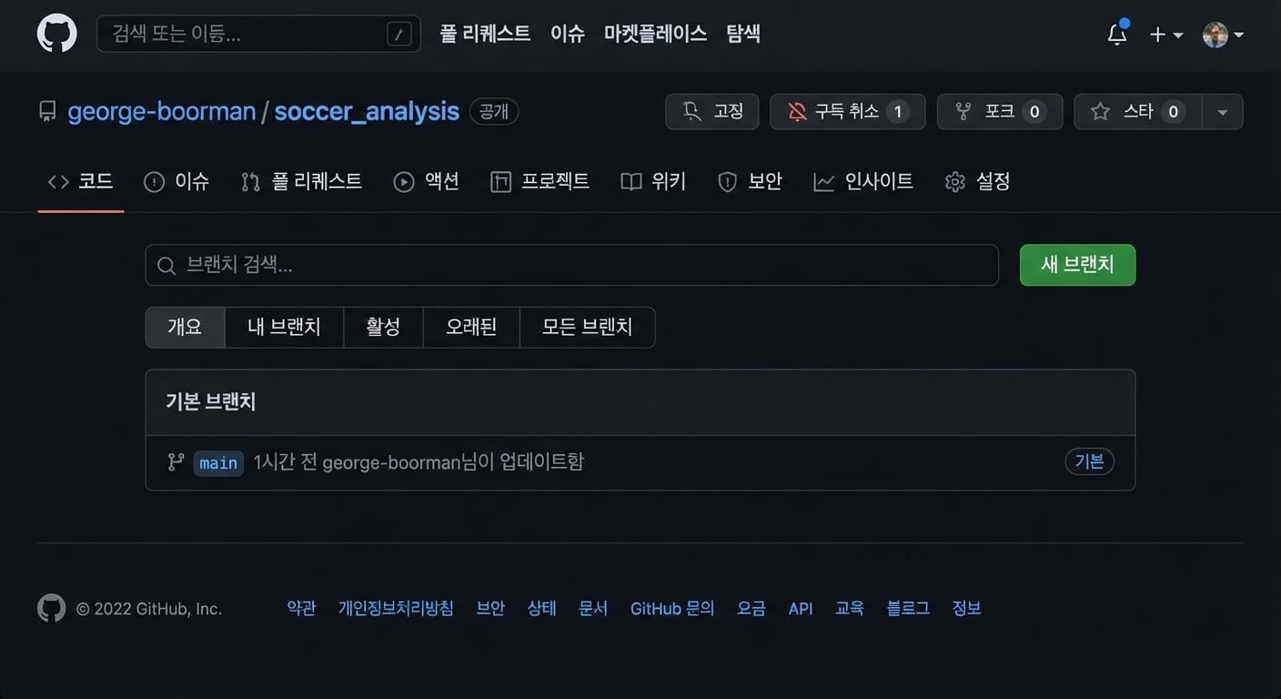 브랜치 목록: main만 표시. 오른쪽에 초록색 New branch 버튼