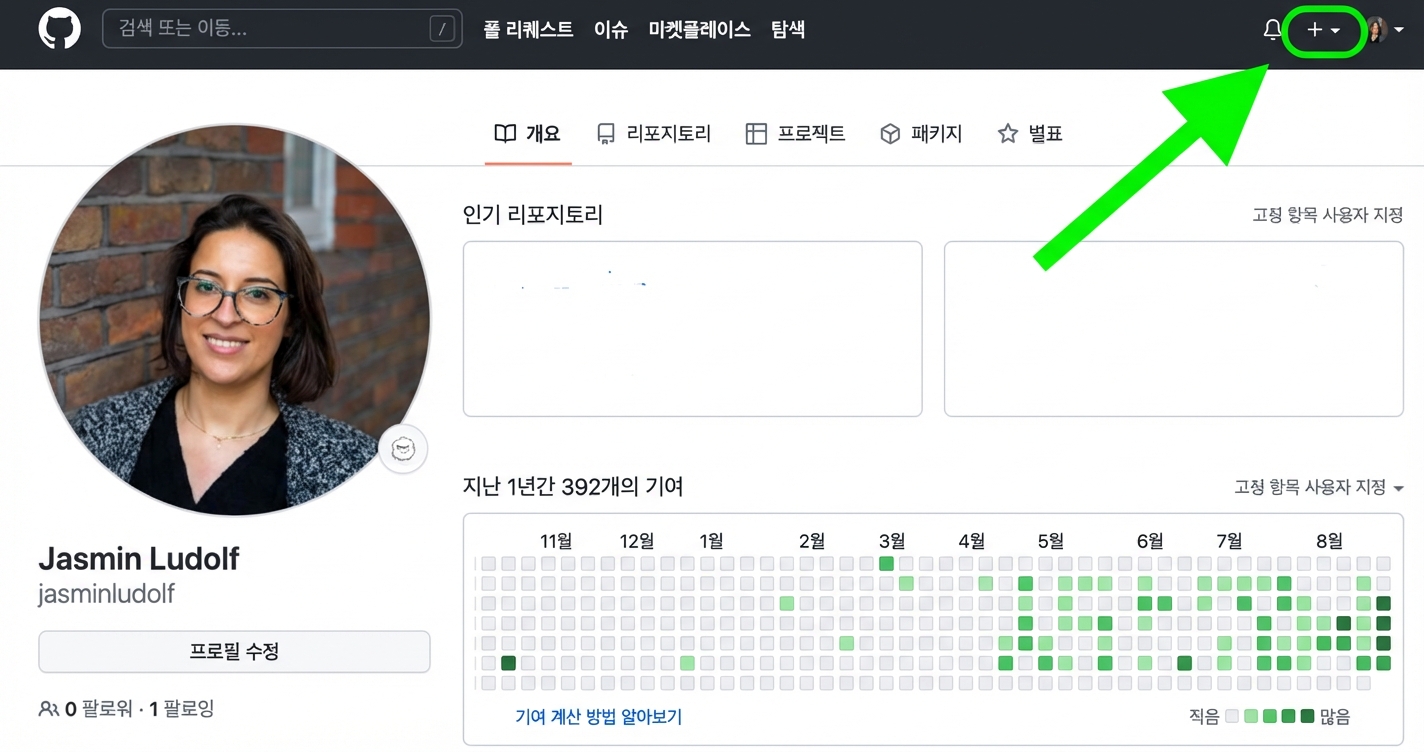 GitHub 프로필 보기에서 오른쪽 상단 더하기 아이콘을 초록색 화살표와 원으로 표시한 모습