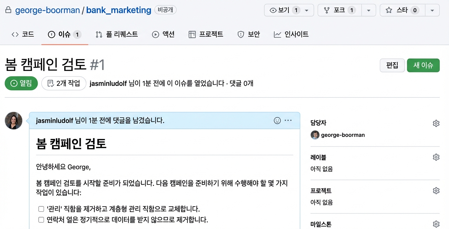 @ 기호와 사용자 이름으로 이슈에 사용자를 태그하는 과정을 보여주는 애니메이션