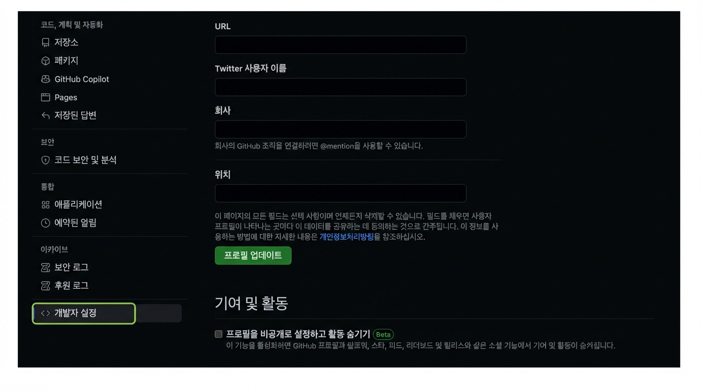 설정 페이지의 개발자 설정