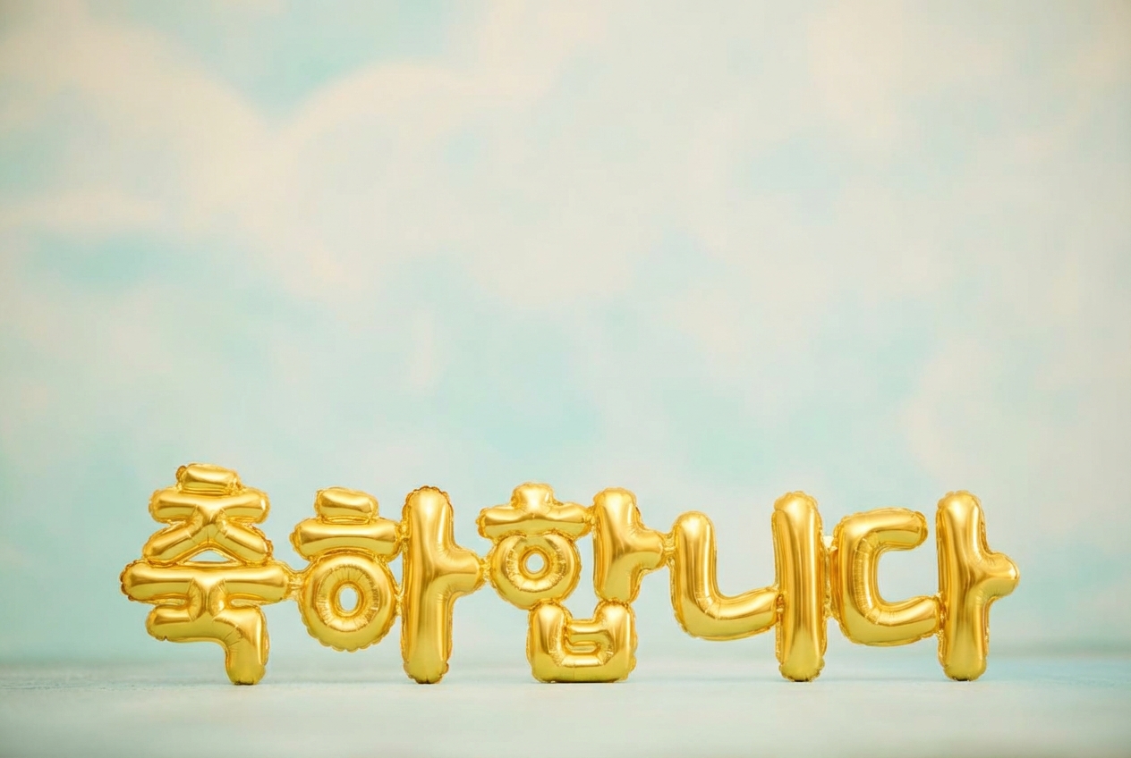 파란 하늘 배경에 금색 풍선으로 쓰인 축하 문구