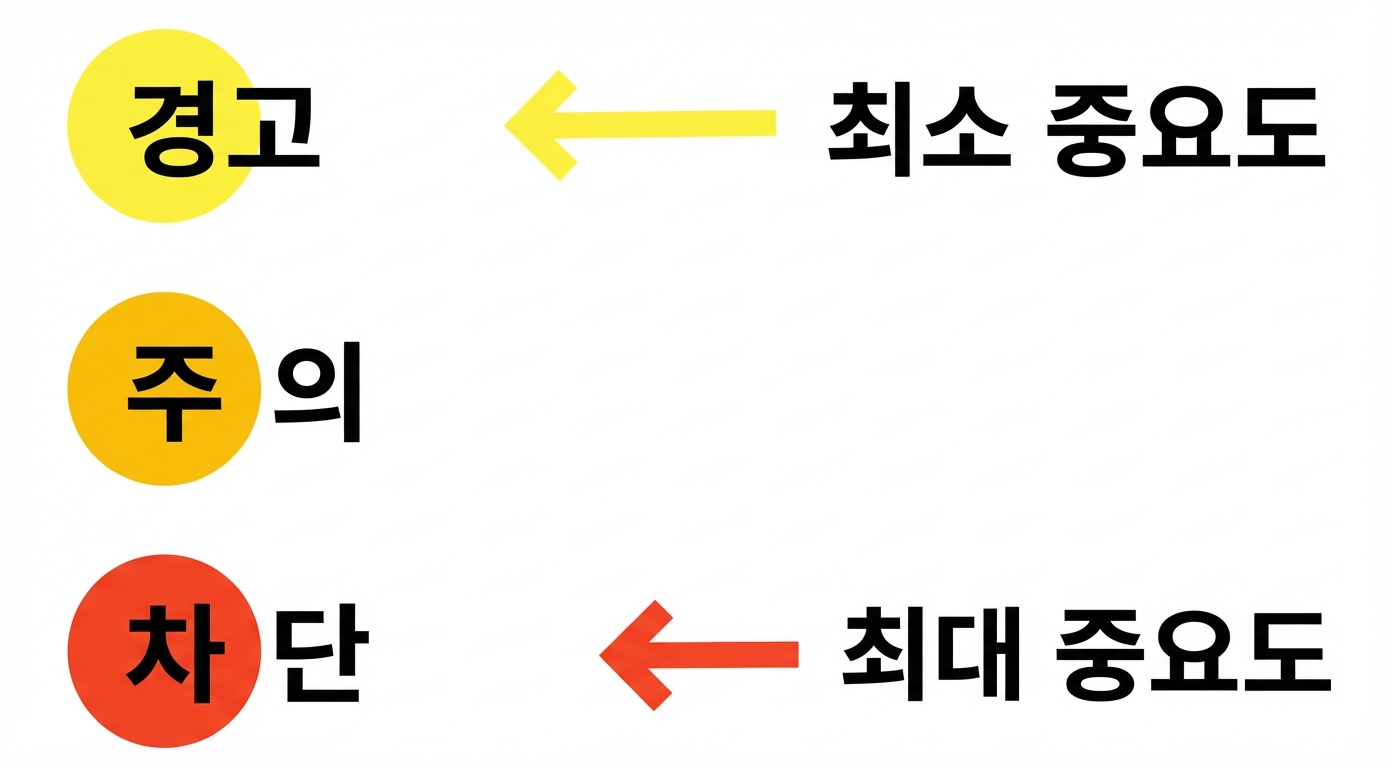 경보 임계값 3단계 표현: 노랑=경고(덜 중요), 주황=알림, 빨강=차단(가장 중요)