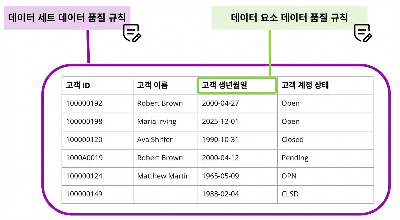 데이터세트 및 데이터 요소 데이터 품질 규칙을 보여주는 표