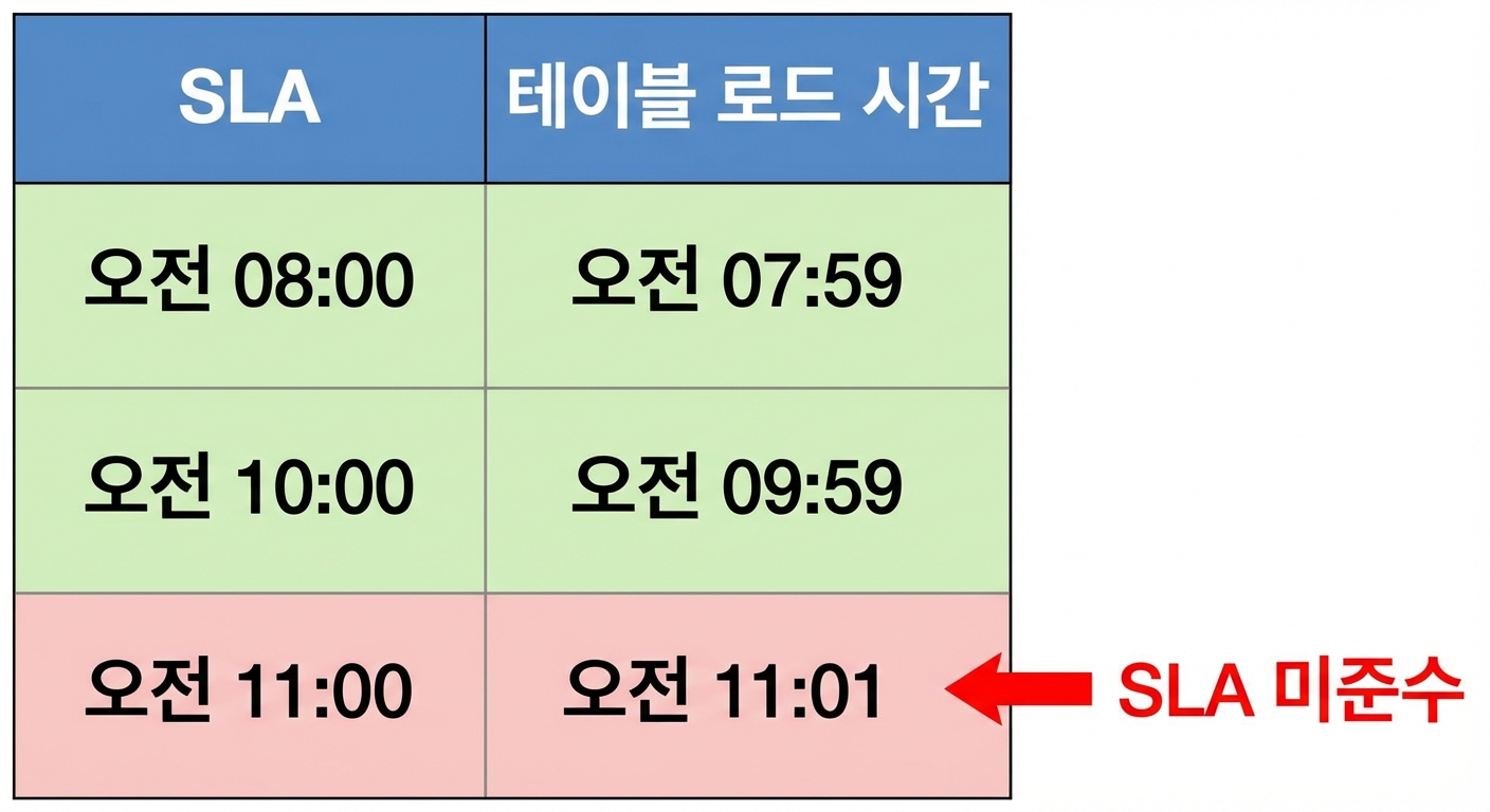 적시성 예시: SLA와 테이블 적재 시간 표