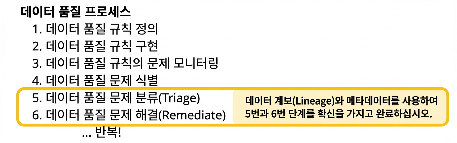 분류 및 개선 단계를 강조한 데이터 품질 프로세스