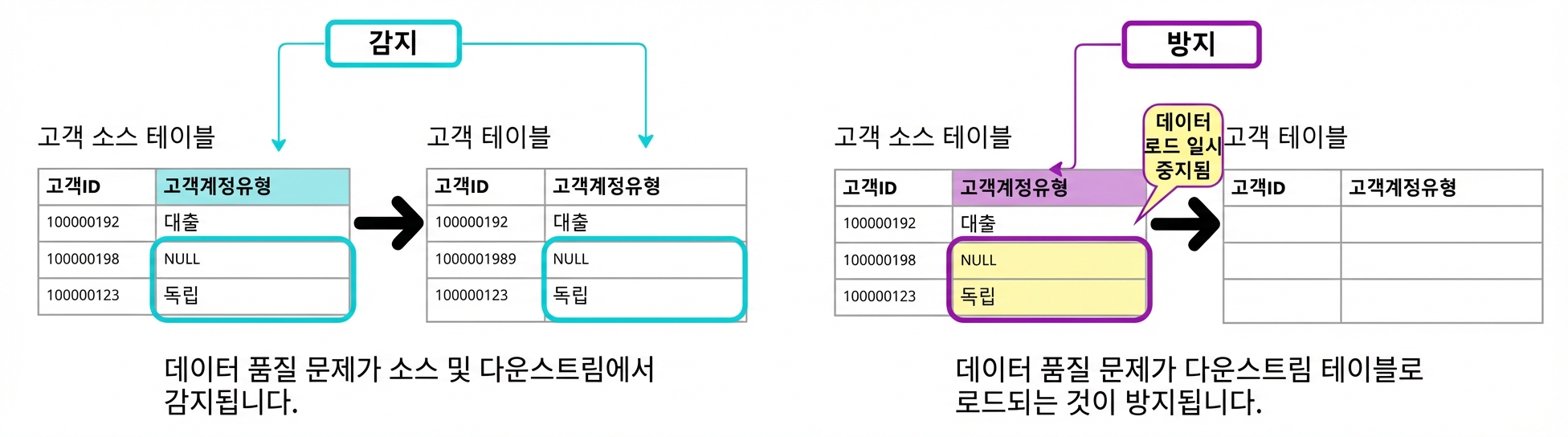 탐지형과 예방형 데이터 품질 규칙의 차이를 보여주는 다이어그램