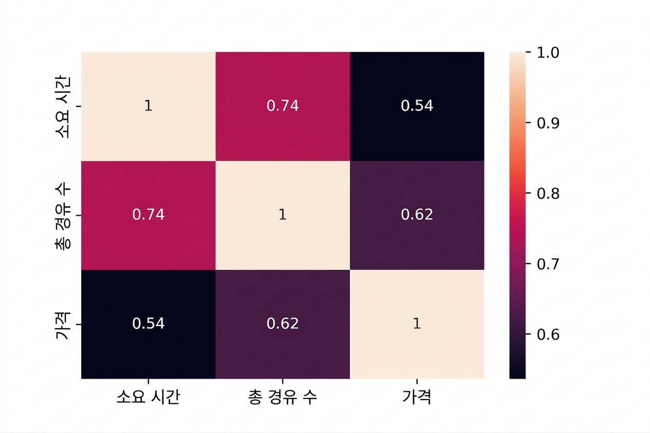 Heatmap showing 0.62 Pearson correlation coefficient between Price and Total Stops and 0.74 correlation between Duration and Total Stops