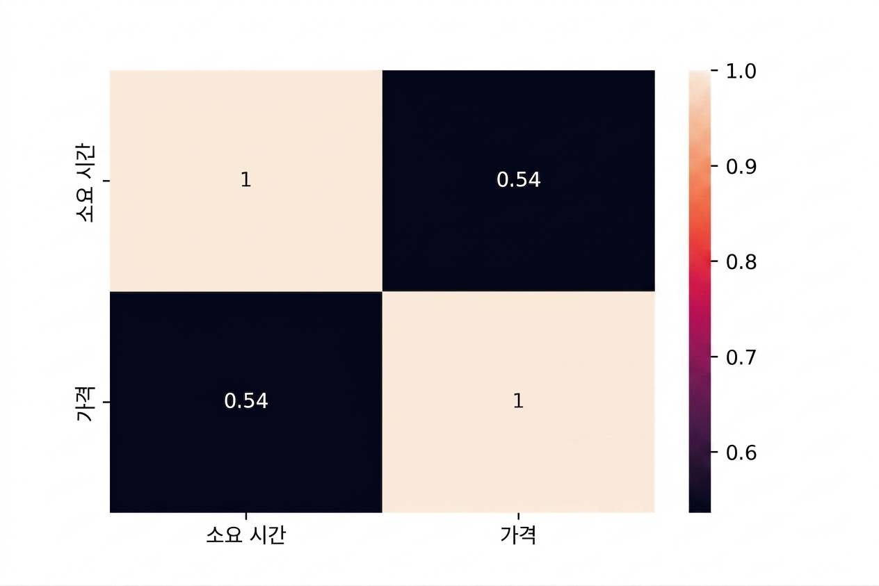 Heatmap showing 0.54 Pearson correlation coefficient between Price and Duration