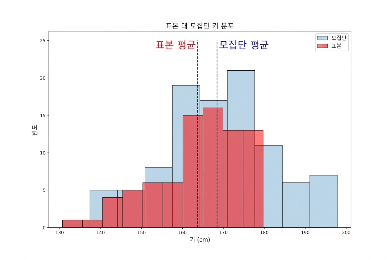 Sample versus population height distribution, showing the sample has a lower maximum and mean