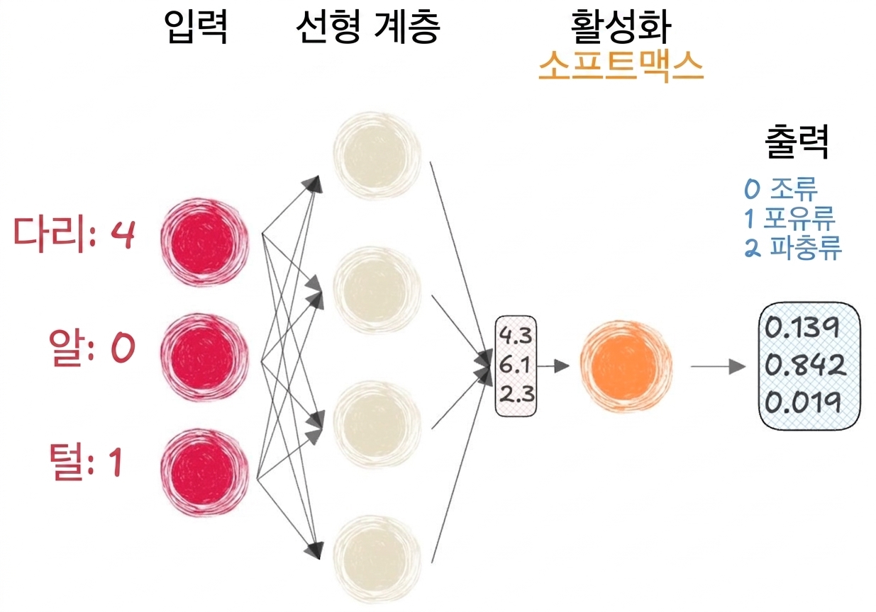입력, 선형 계층 벡터 출력, 소프트맥스 활성화, 최종 출력이 있는 신경망 일부 다이어그램