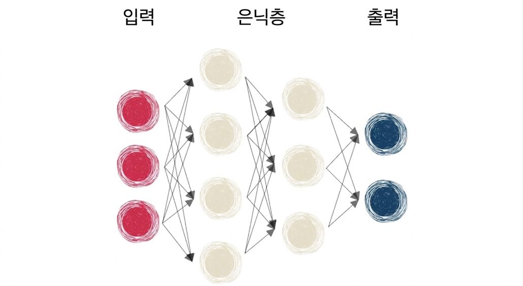 입력, 은닉층, 출력이 있는 신경망 다이어그램
