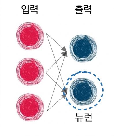 입력층과 출력층을 연결하는 화살표, 한 출력 뉴런에 원 표시