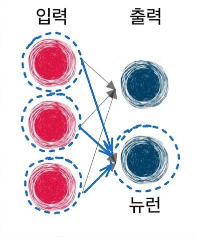 입력층과 출력층을 연결하는 화살표, 한 출력 뉴런과 강조된 화살표
