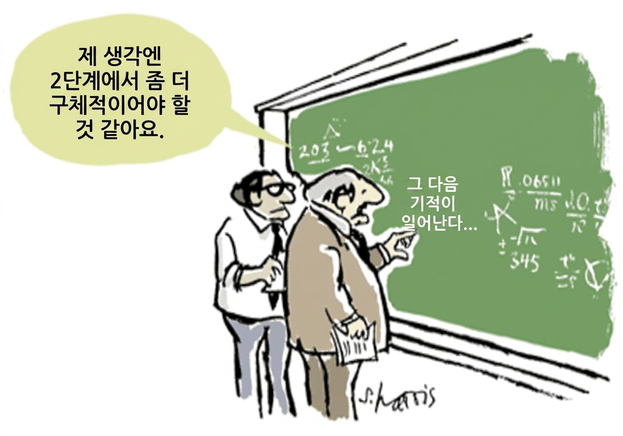 두 과학자가 복잡한 수식을 설명하며 “그다음 기적이 일어납니다”라고 말하는 만화.