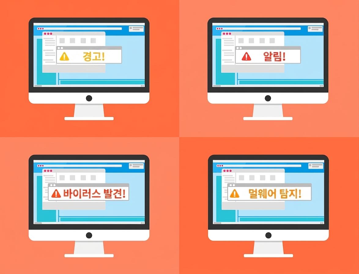 경고, 알림, 바이러스, 악성코드 감지를 표시한 4대의 컴퓨터로 보안 침해를 나타내는 그림.
