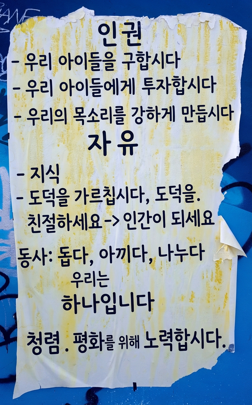 윤리에 관한 선언문이 적힌 찢어진 포스터 사진.
