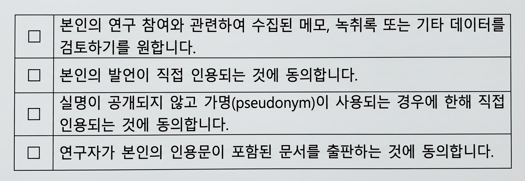 직접 인용에 관한 다양한 선택지가 있는 동의서 스크린샷.