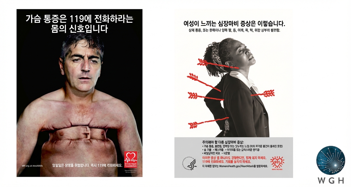 남성의 흉부 압박감, 여성의 등 통증 등 심근경색 증상이 다르게 나타나는 일러스트