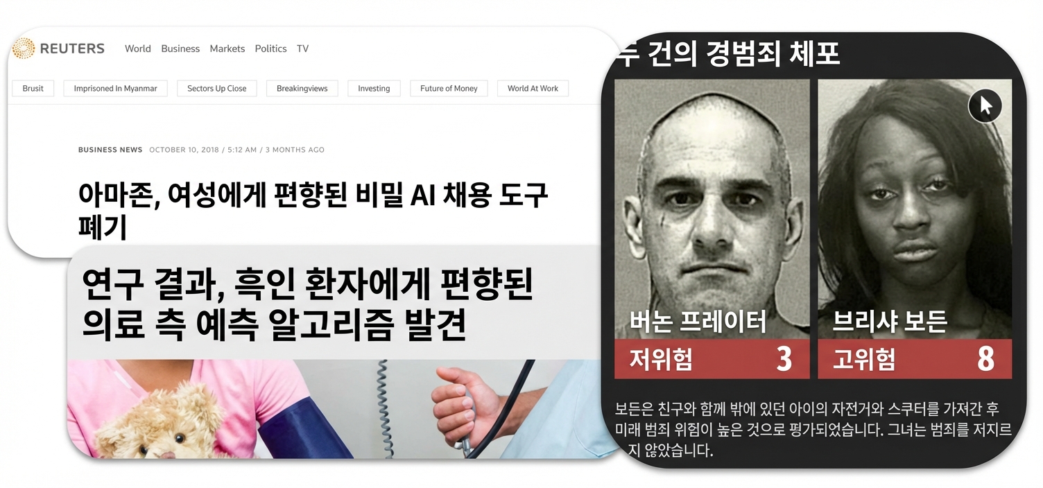 AI 알고리즘 차별에 대한 뉴스 스크린샷 콜라주