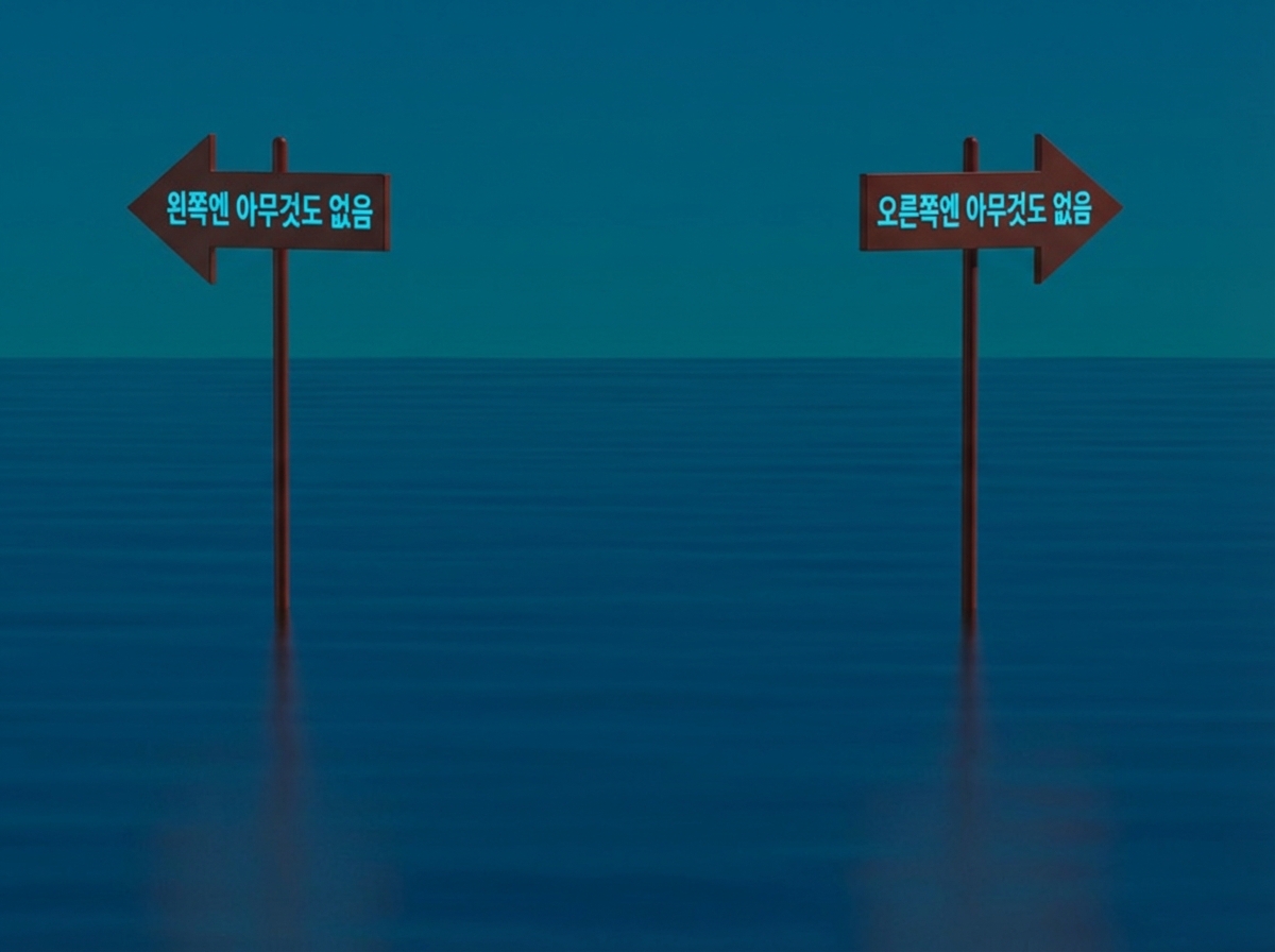 윤리적 의사결정의 복잡성을 나타내는 바다의 두 방향 표지판 일러스트, 출처 불필요.