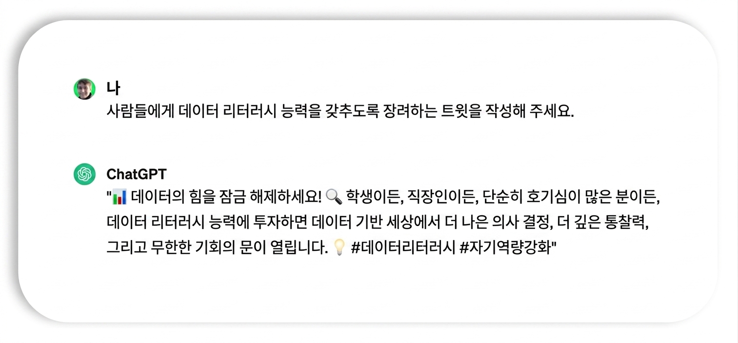 ChatGPT로 생성된 트윗: " 데이터의 힘을 활용하세요!  학생이든, 전문가이든, 단순히 호기심이 있는 사람이든, 데이터 문해력 역량에 투자하는 것은 더 나은 의사결정, 더 깊은 인사이트, 데이터 중심 세상에서 무한한 기회의 문을 열어 줍니다.  #DataLiteracy #EmpowerYourself"