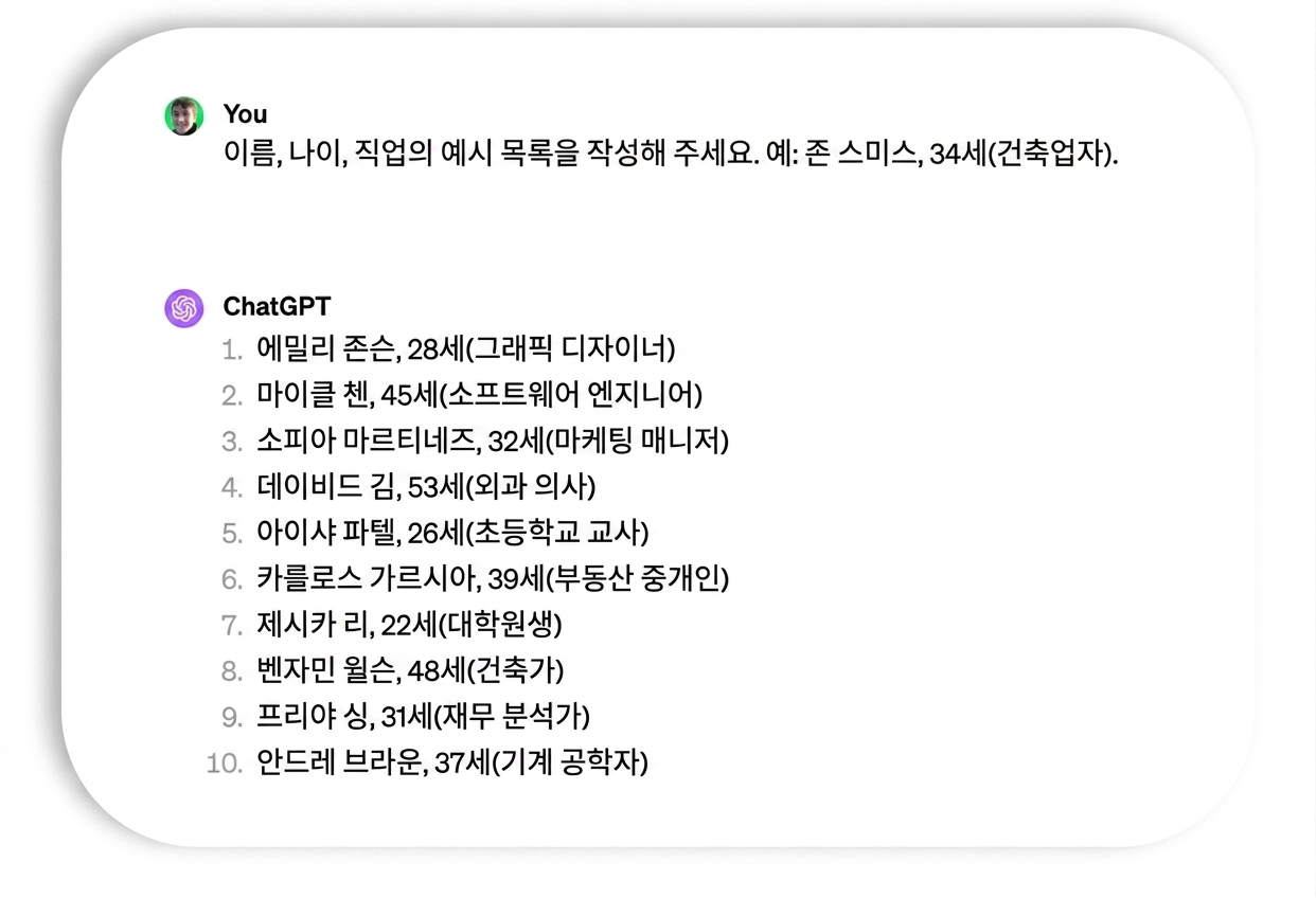 예시 이름 및 직업의 프롬프트와 응답.