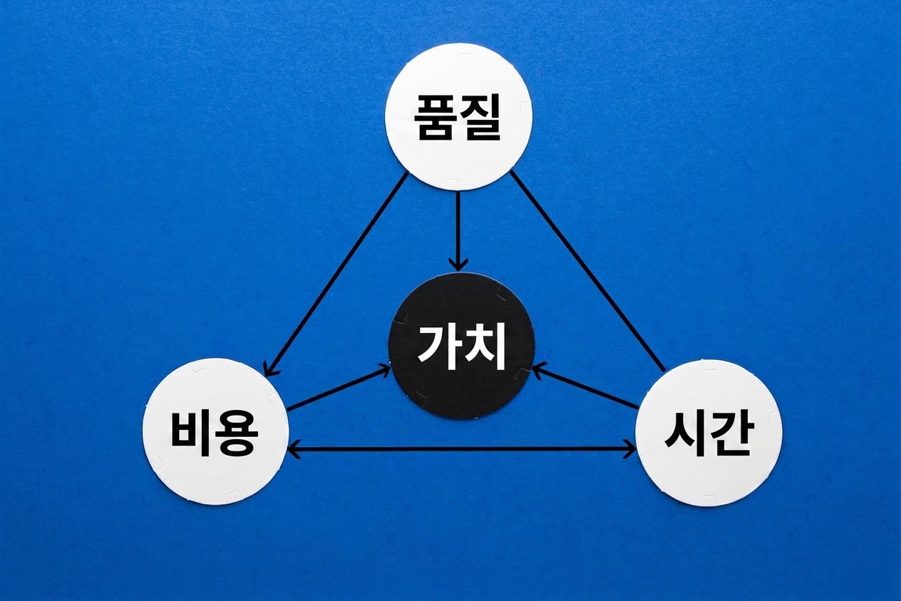 품질, 비용, 시간의 꼭짓점을 가진 가치 삼각형.