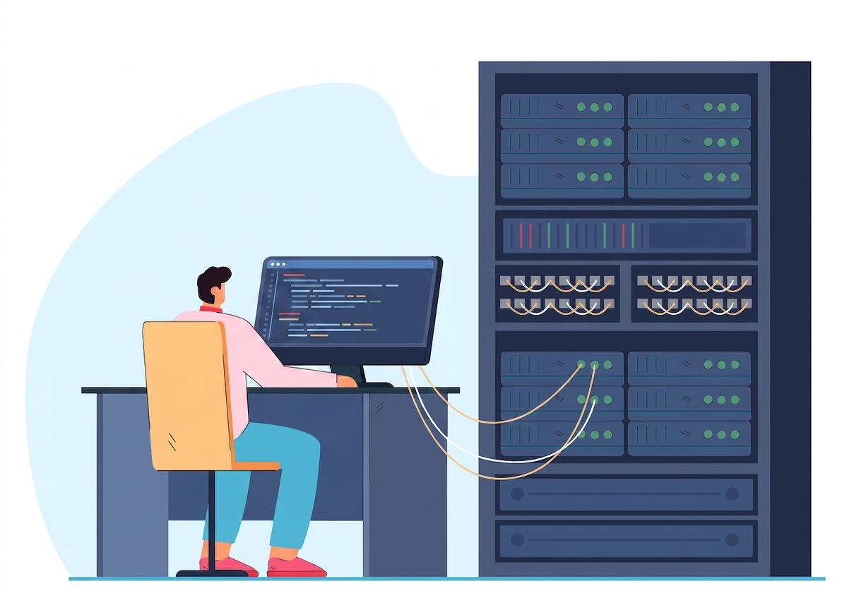Man working on a computer plugged into large server