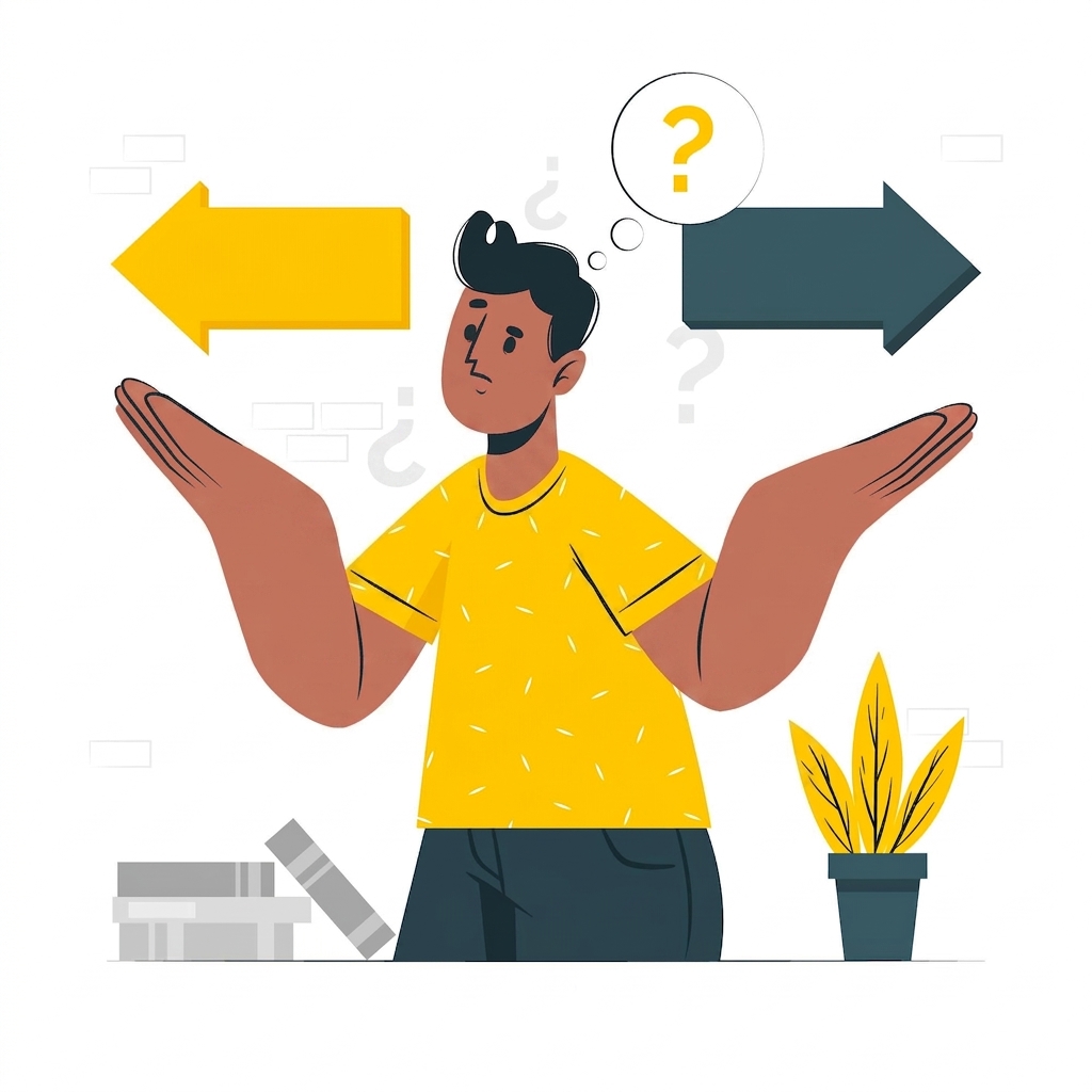 Illustration of a person with two arrows in opposite directions and a question mark above their head.