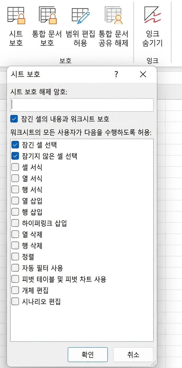 시트 보호 팝업창