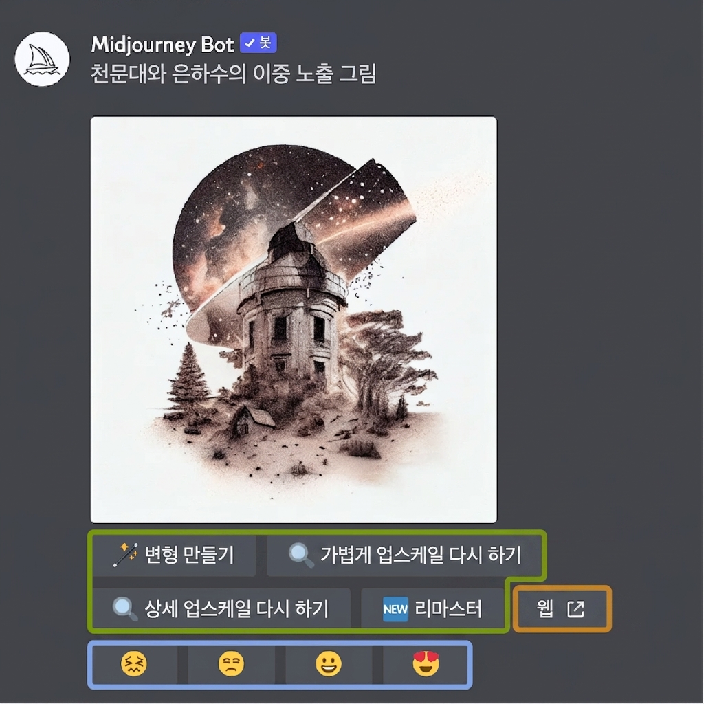 미드저니 사용자 인터페이스에서 이미지 결과물에 대한 평가 옵션이 표시된 스크린샷