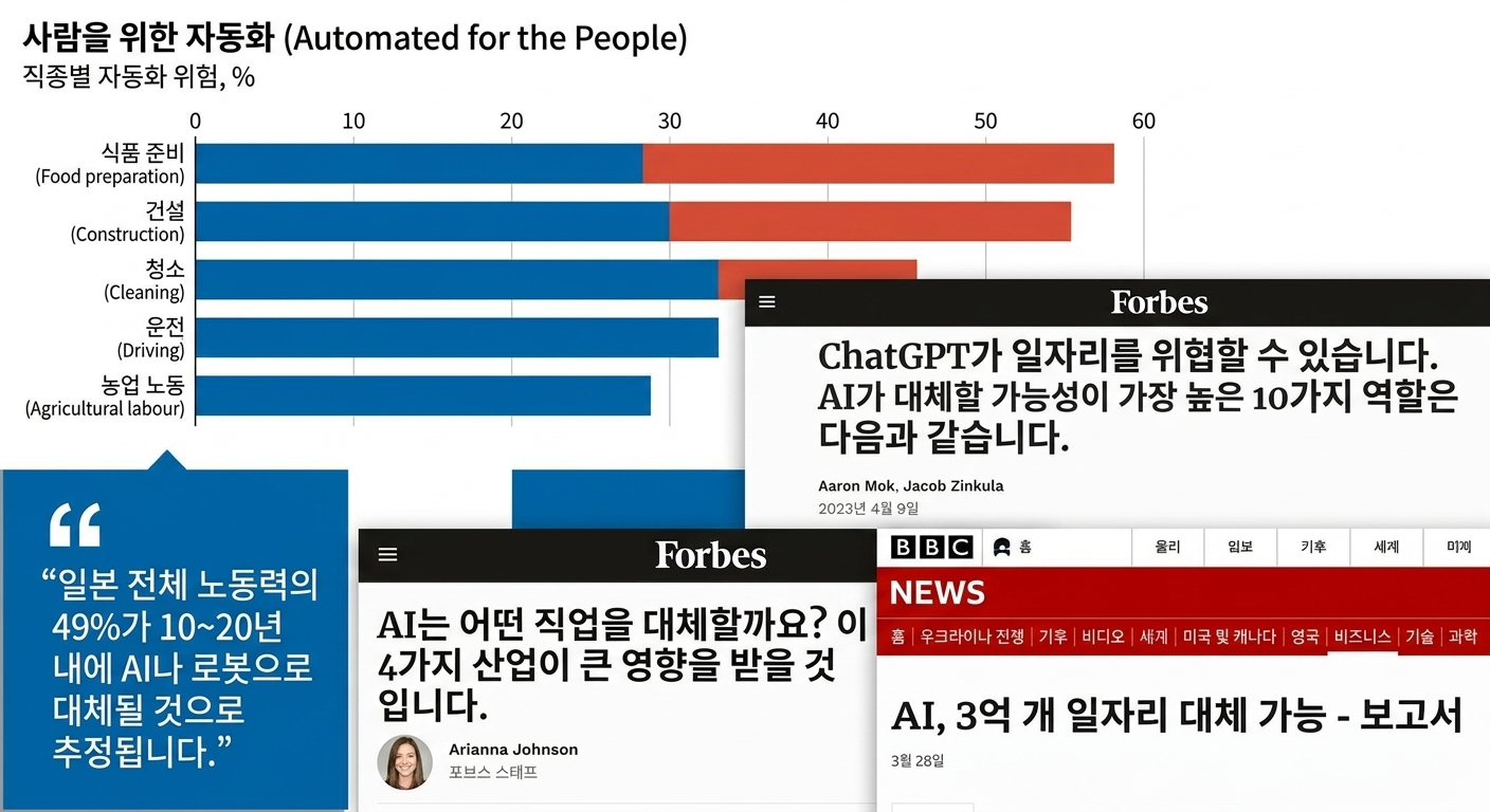 AI가 다양한 직업을 대체할 것이라고 선언하는 뉴스 제목과 차트
