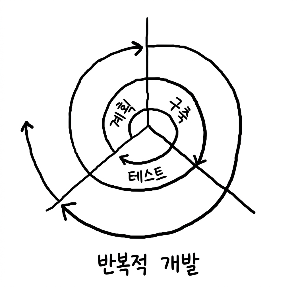 나선형으로 바깥쪽으로 이동하는 각 단계가 있는 반복적 개발의 시각화