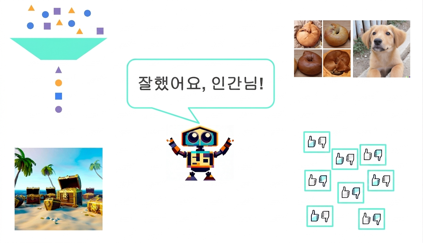 강의의 이미지 모음, 가운데 로봇이 "여러분, 수고하셨어요!"라고 말하는 모습