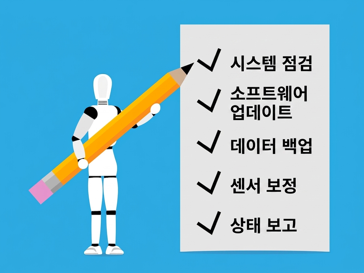 체크리스트 옆에 서 있는 로봇을 보여주는 이미지.