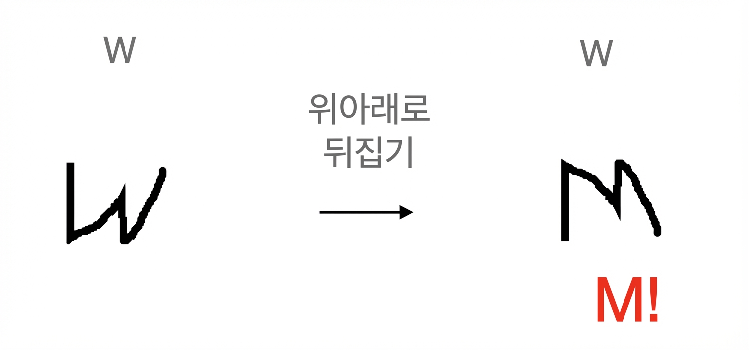 세로로 뒤집은 "W"가 "M"처럼 보임.
