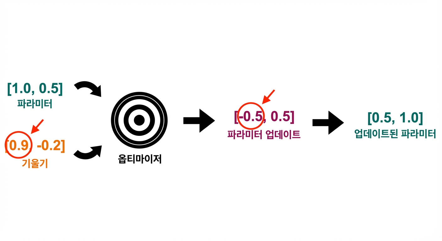 파라미터 업데이트에서 0.5와 1.0의 새 값으로 향하는 화살표